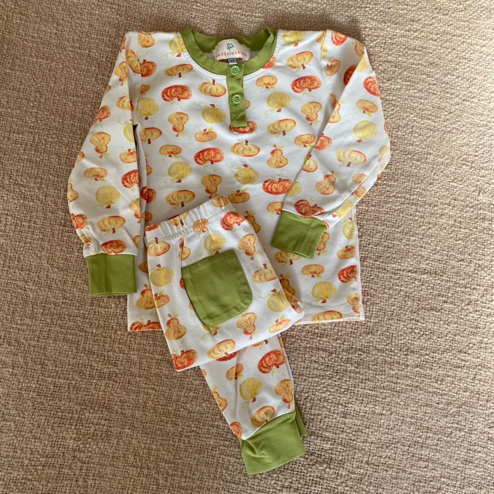 Smocking Bird Pumpkin Print Pajamas with Green Trim